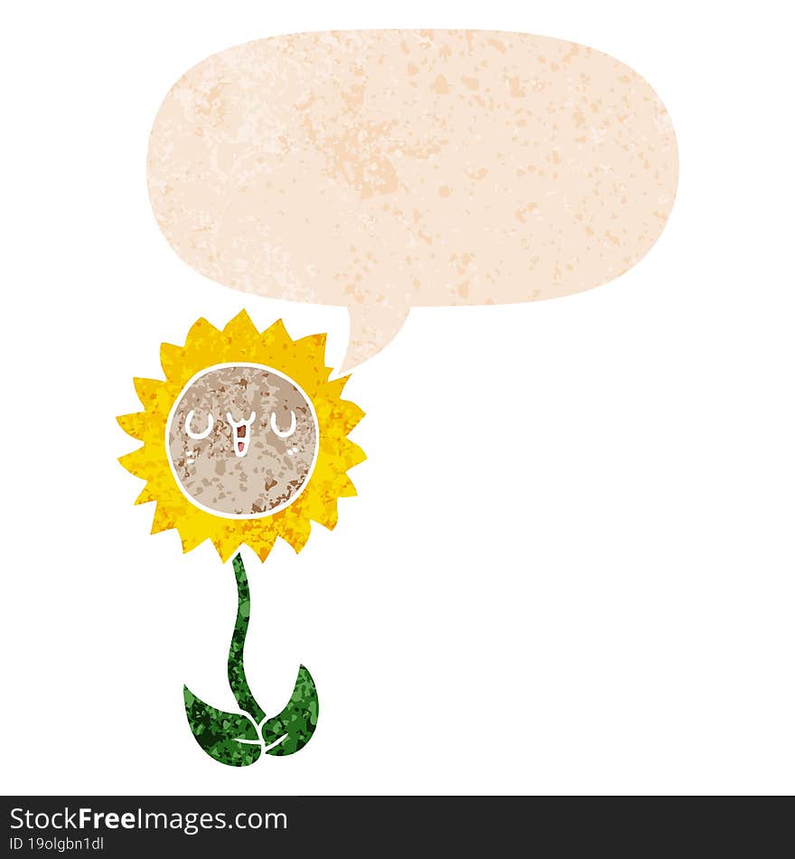 cartoon flower and speech bubble in retro textured style