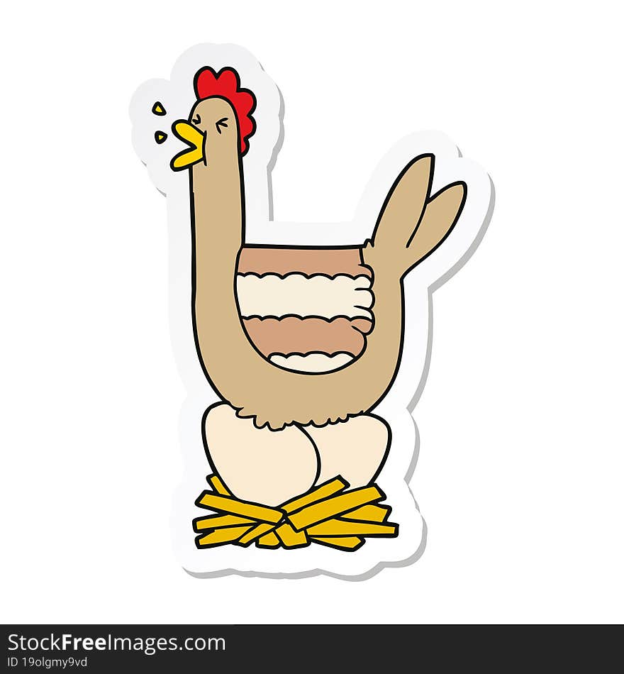 sticker of a cartoon hen sitting on nest