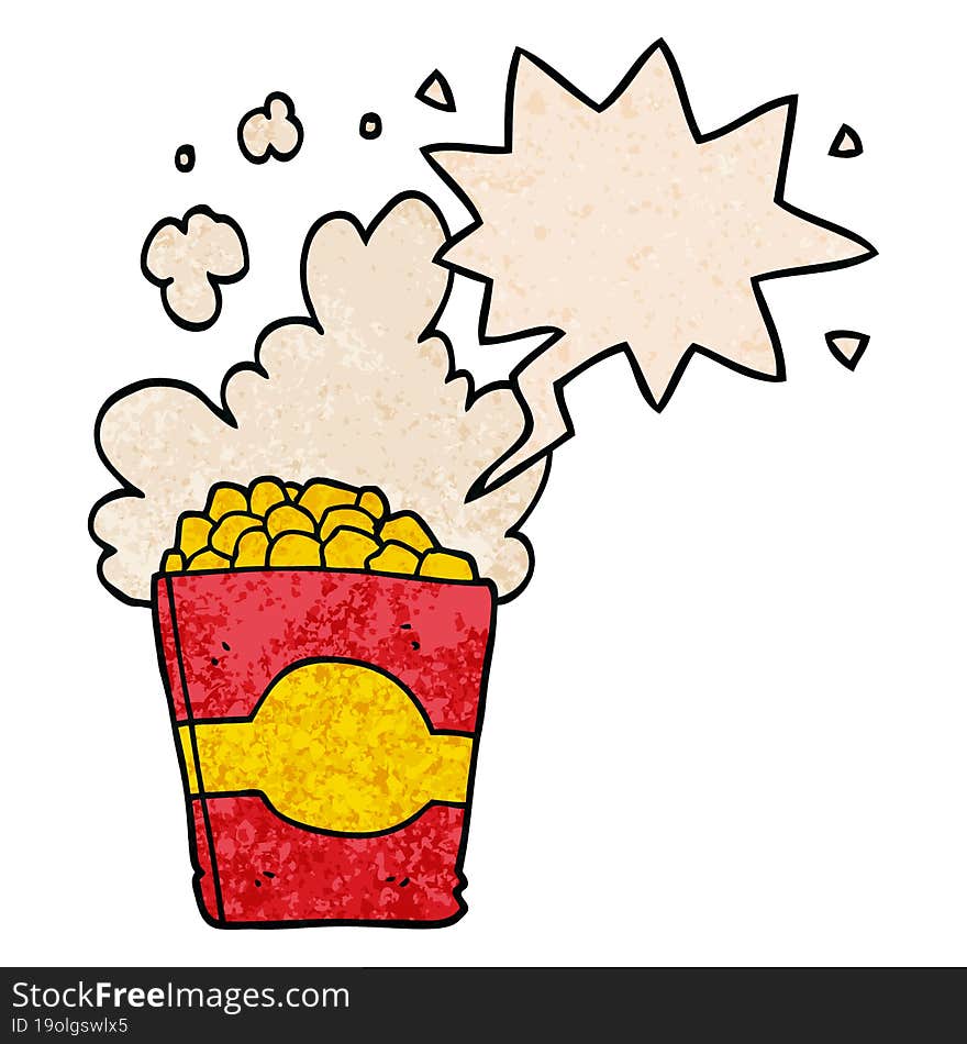 cartoon popcorn and speech bubble in retro texture style