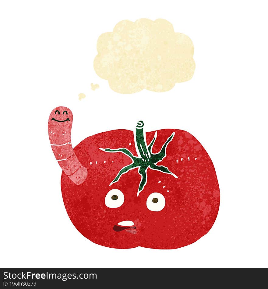 cartoon tomato with worm with thought bubble