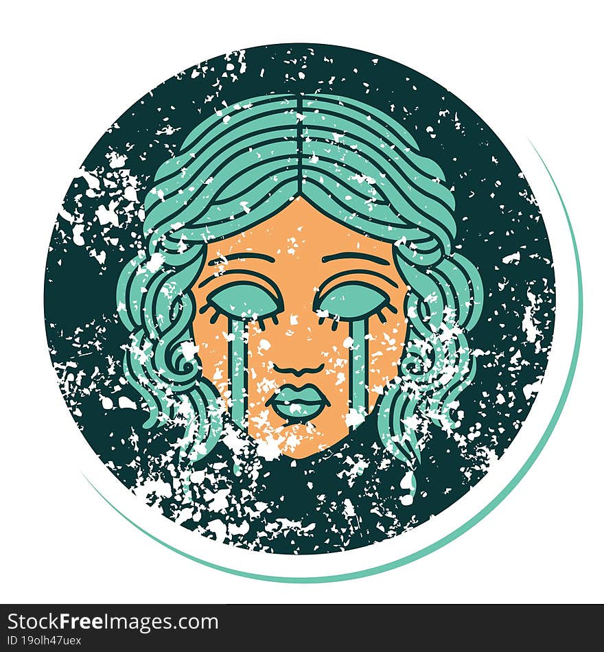 distressed sticker tattoo style icon of female face crying