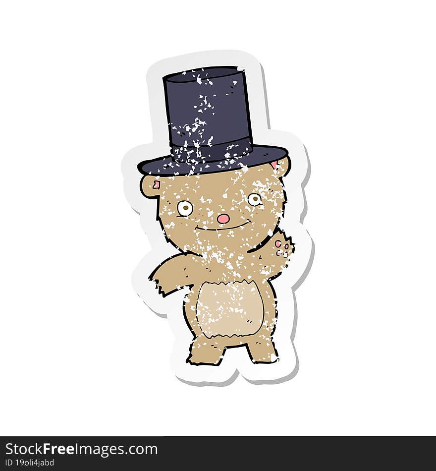 retro distressed sticker of a cartoon bear in top hat