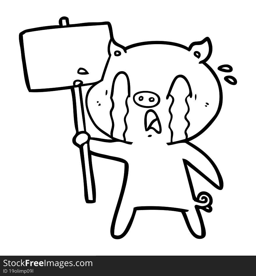 crying pig cartoon with protest sign. crying pig cartoon with protest sign