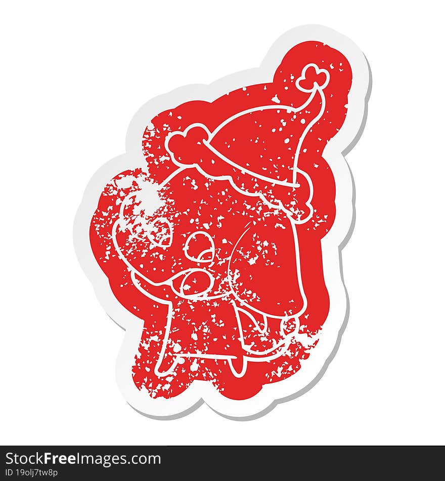 cute cartoon distressed sticker of a elephant wearing santa hat