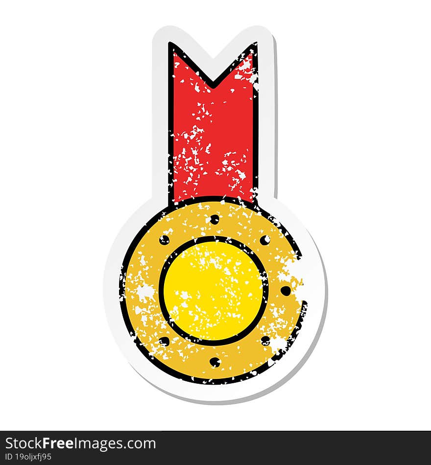 distressed sticker of a cute cartoon gold medal