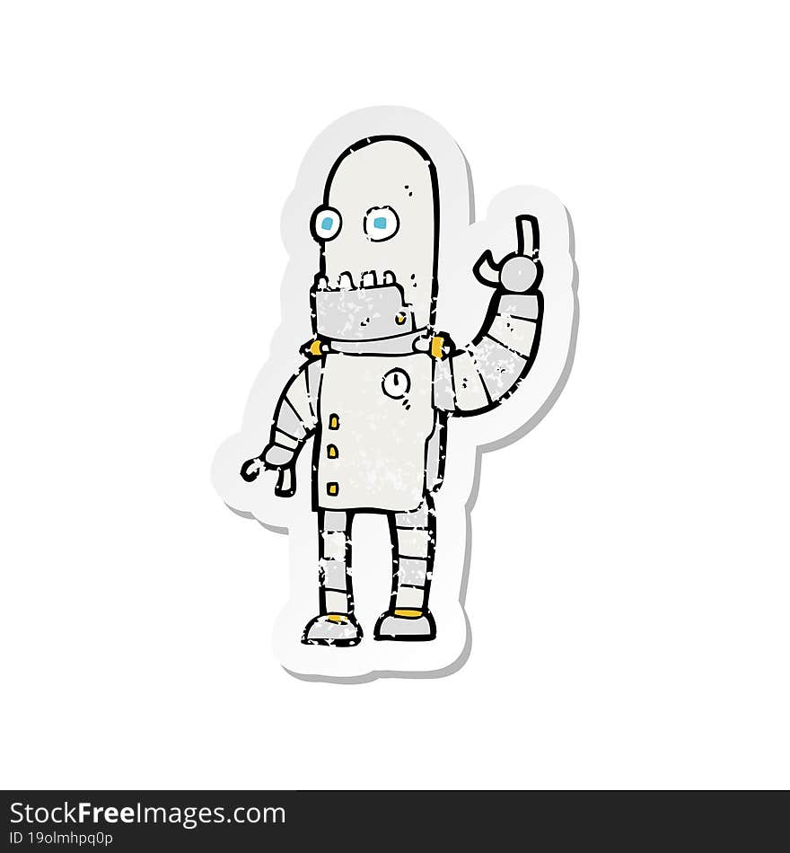 retro distressed sticker of a cartoon waving robot