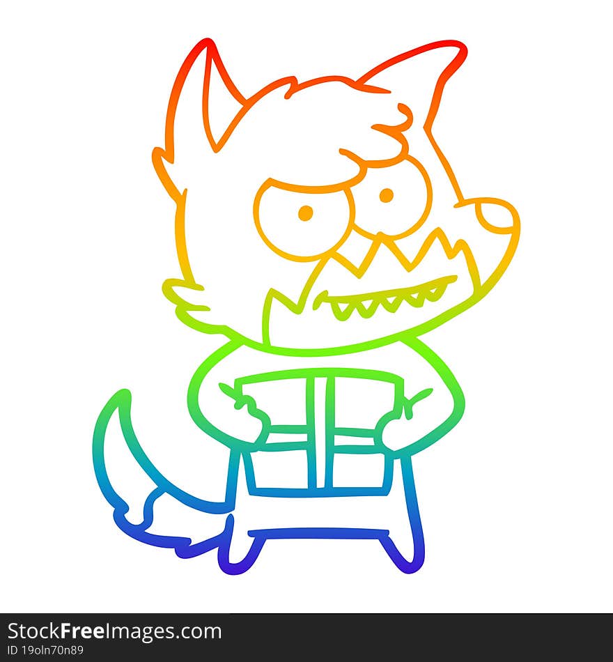 rainbow gradient line drawing cartoon grinning fox with present