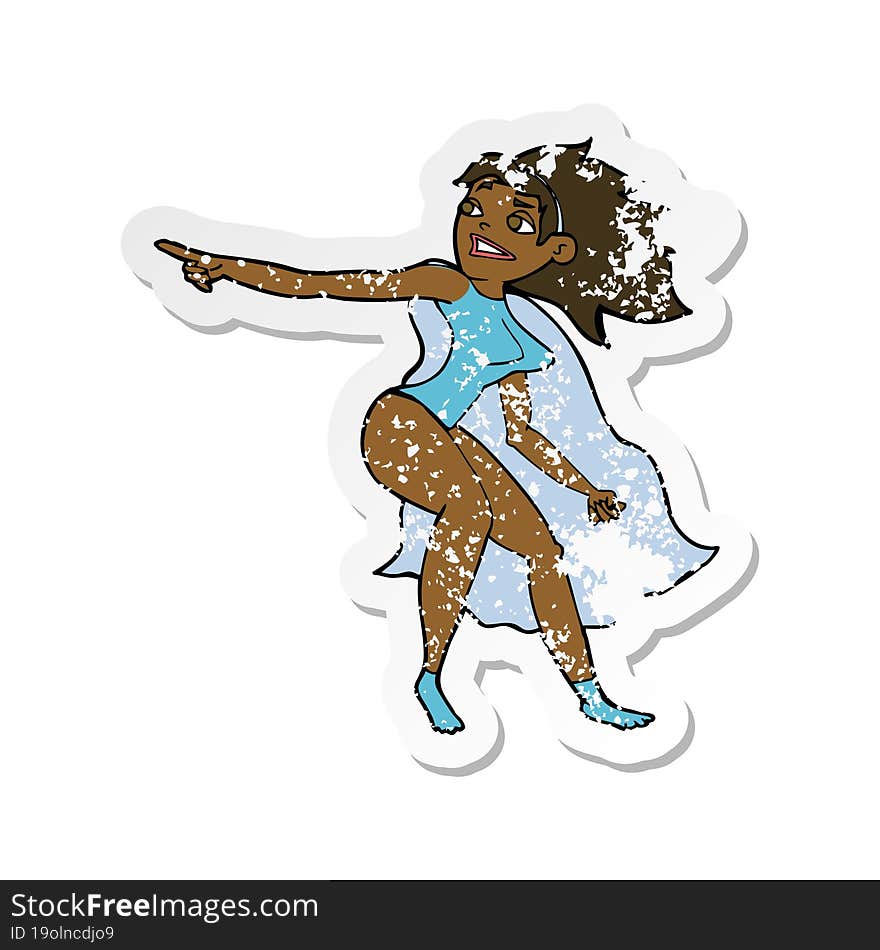 retro distressed sticker of a cartoon superhero woman pointing