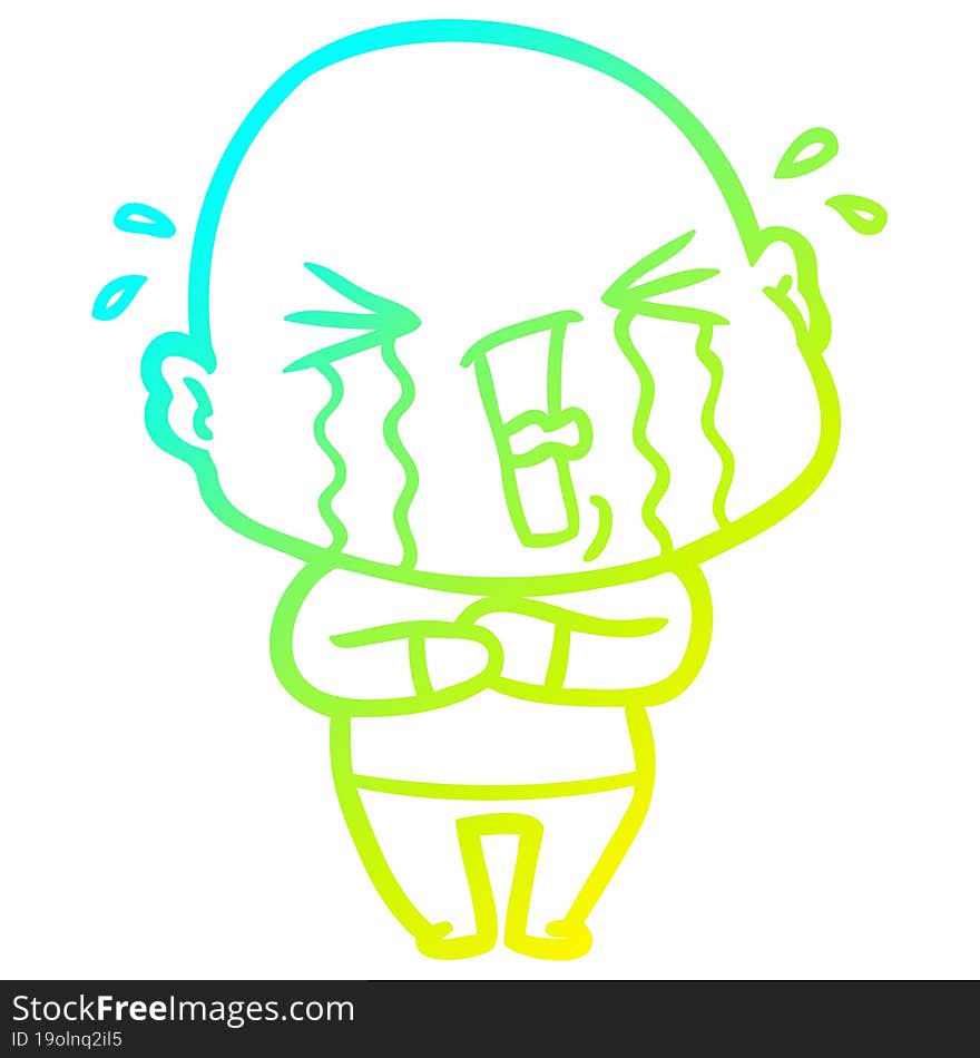 cold gradient line drawing cartoon crying bald man