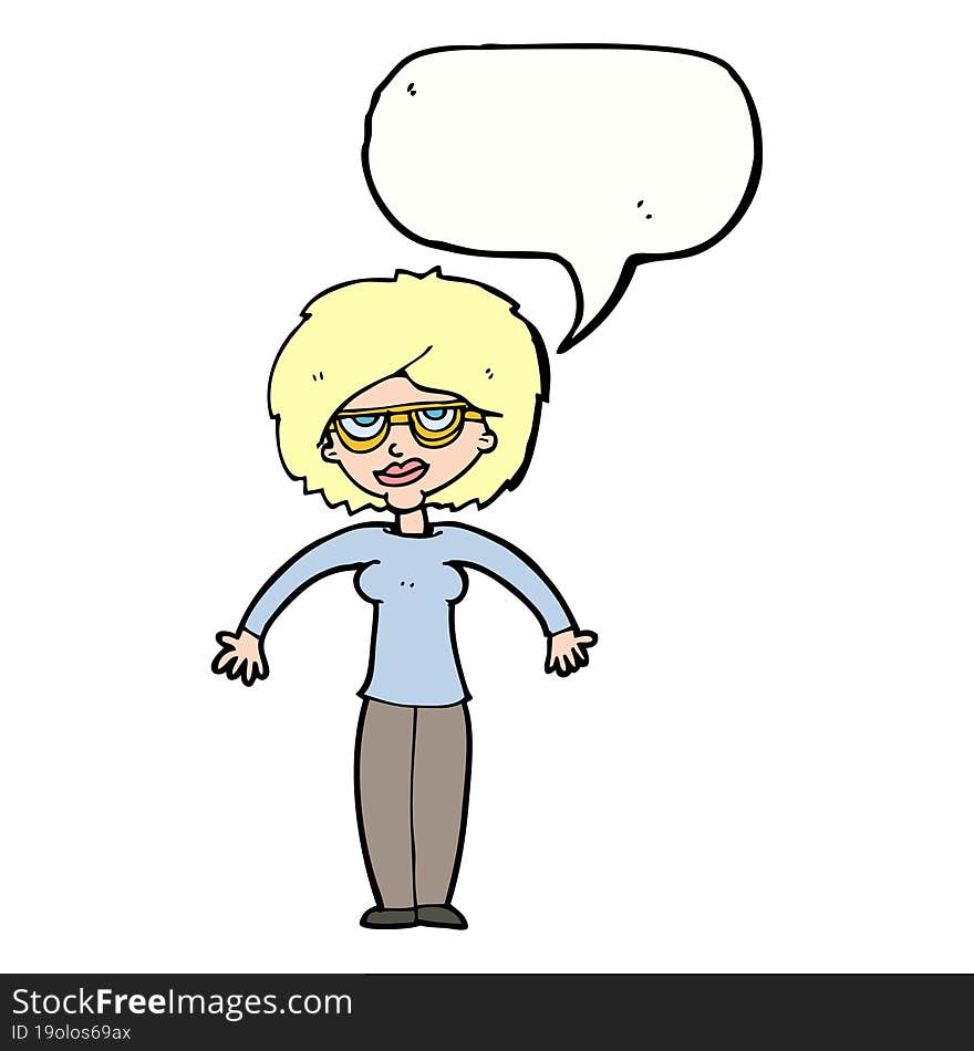 cartoon woman shrugging shoulders with speech bubble