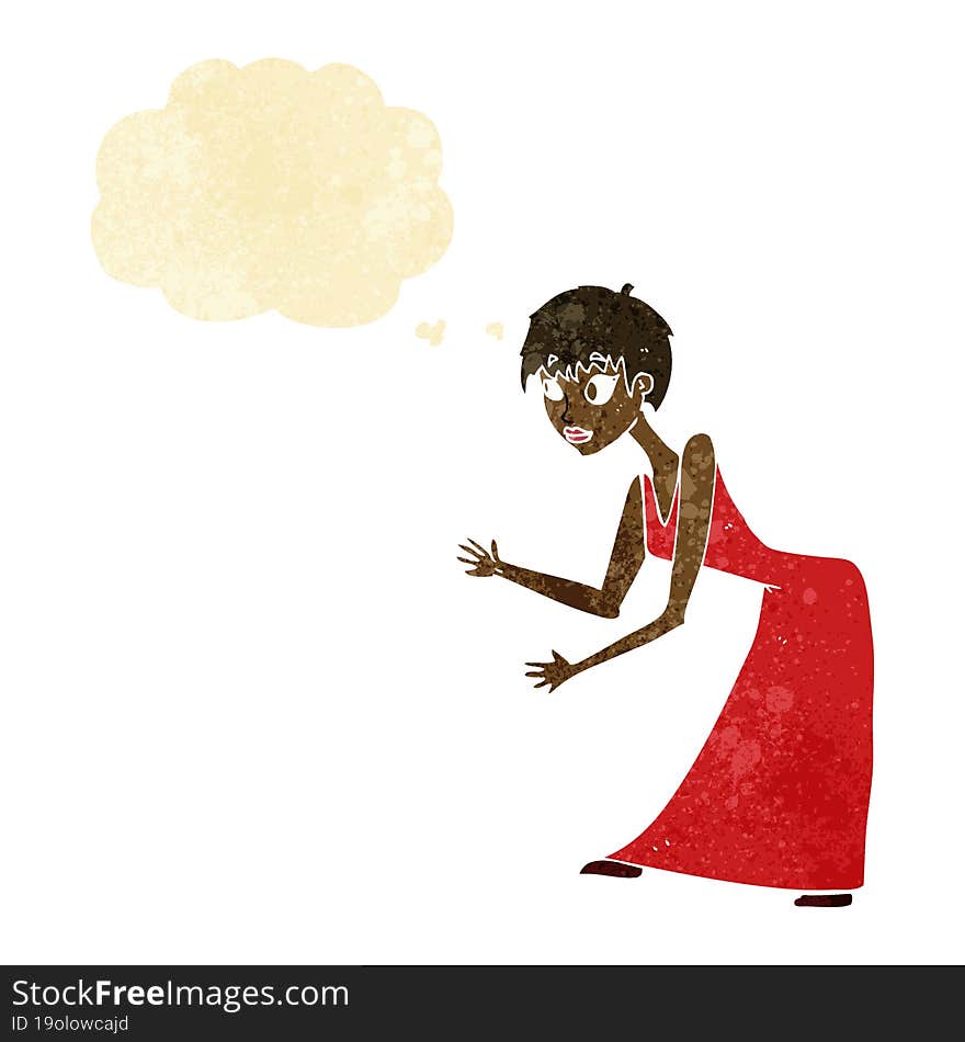 cartoon woman in dress gesturing with thought bubble