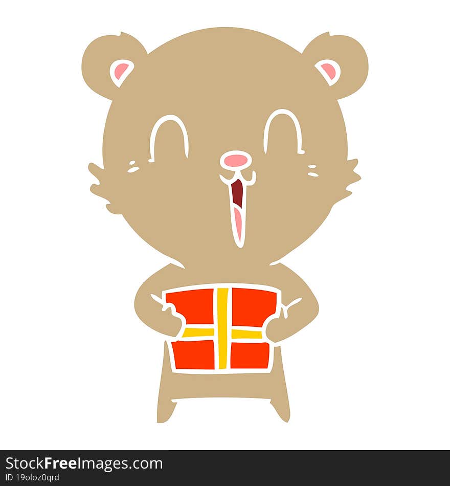 Happy Flat Color Style Cartoon Bear With Christmas Gift