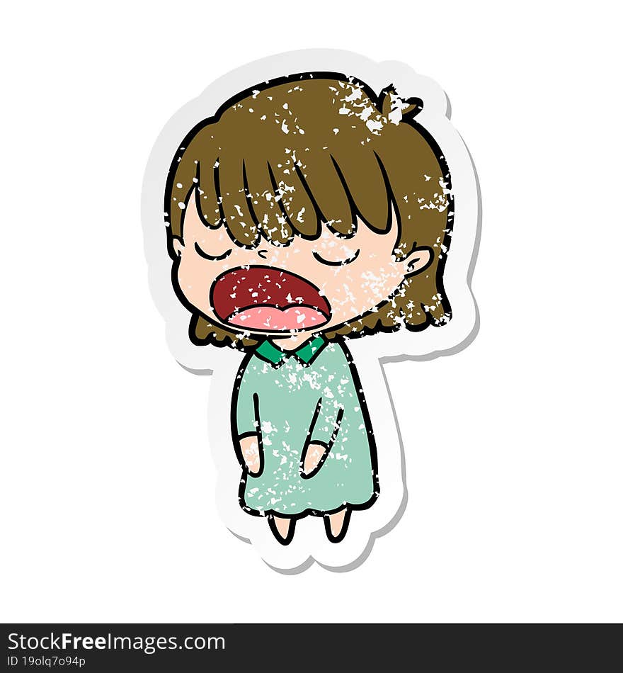 Distressed Sticker Of A Cartoon Woman Talking Loudly