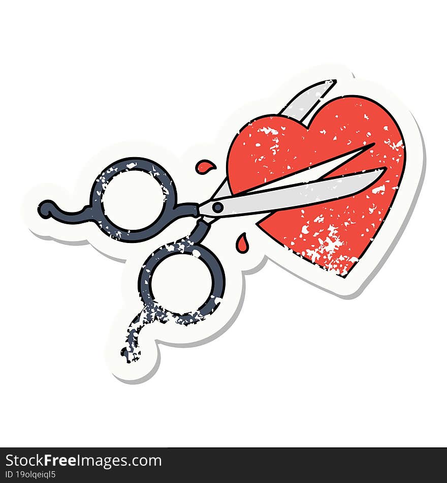 traditional distressed sticker tattoo of scissors cutting a heart