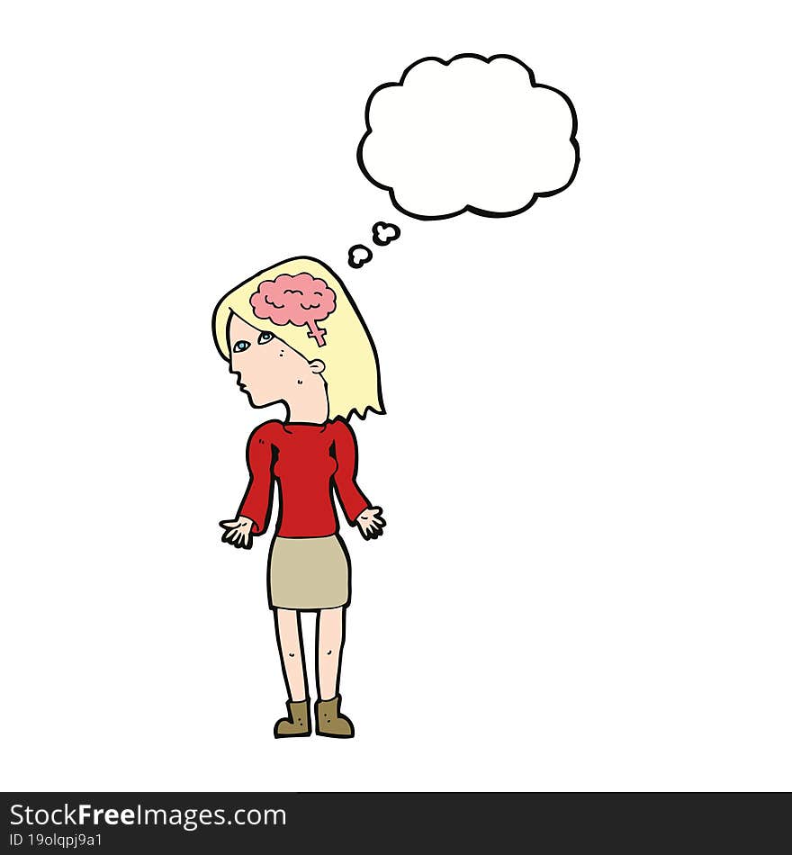 Cartoon Clever Woman Shrugging Shoulders With Thought Bubble