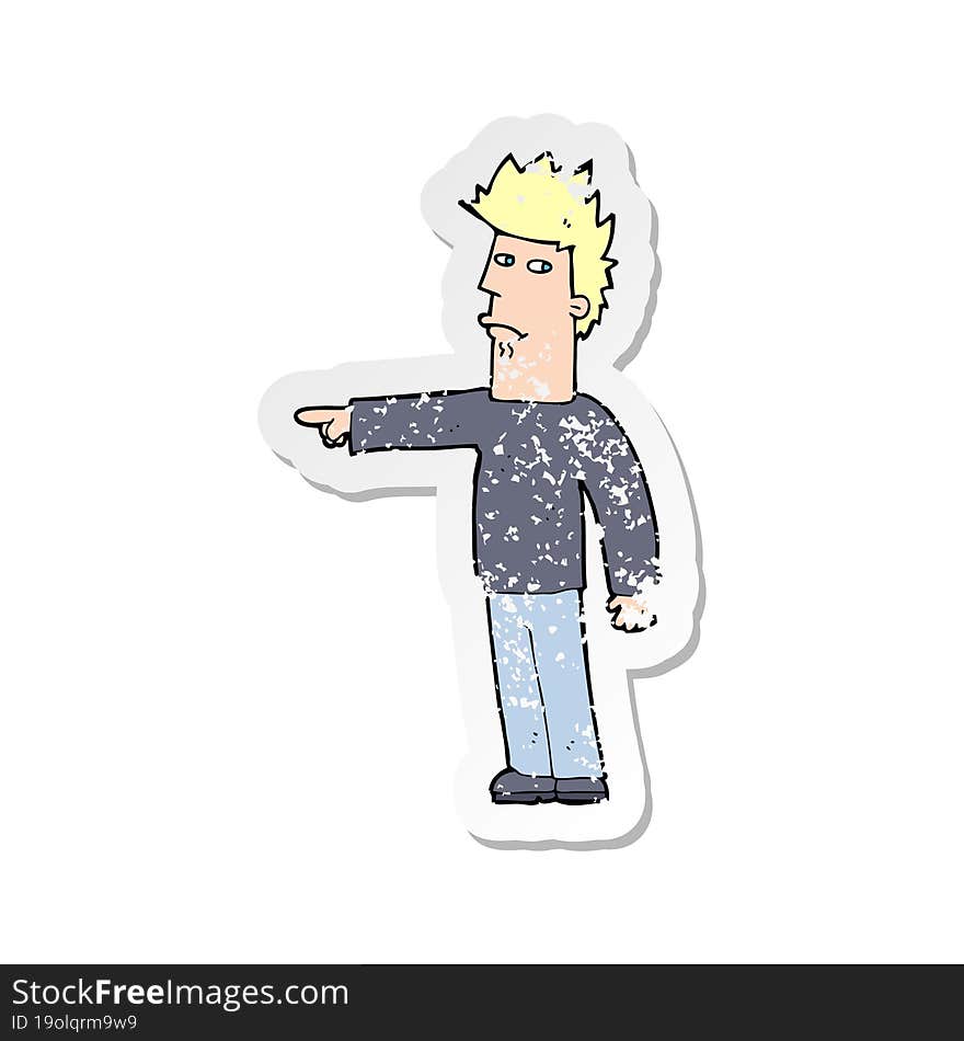 retro distressed sticker of a cartoon man pointing