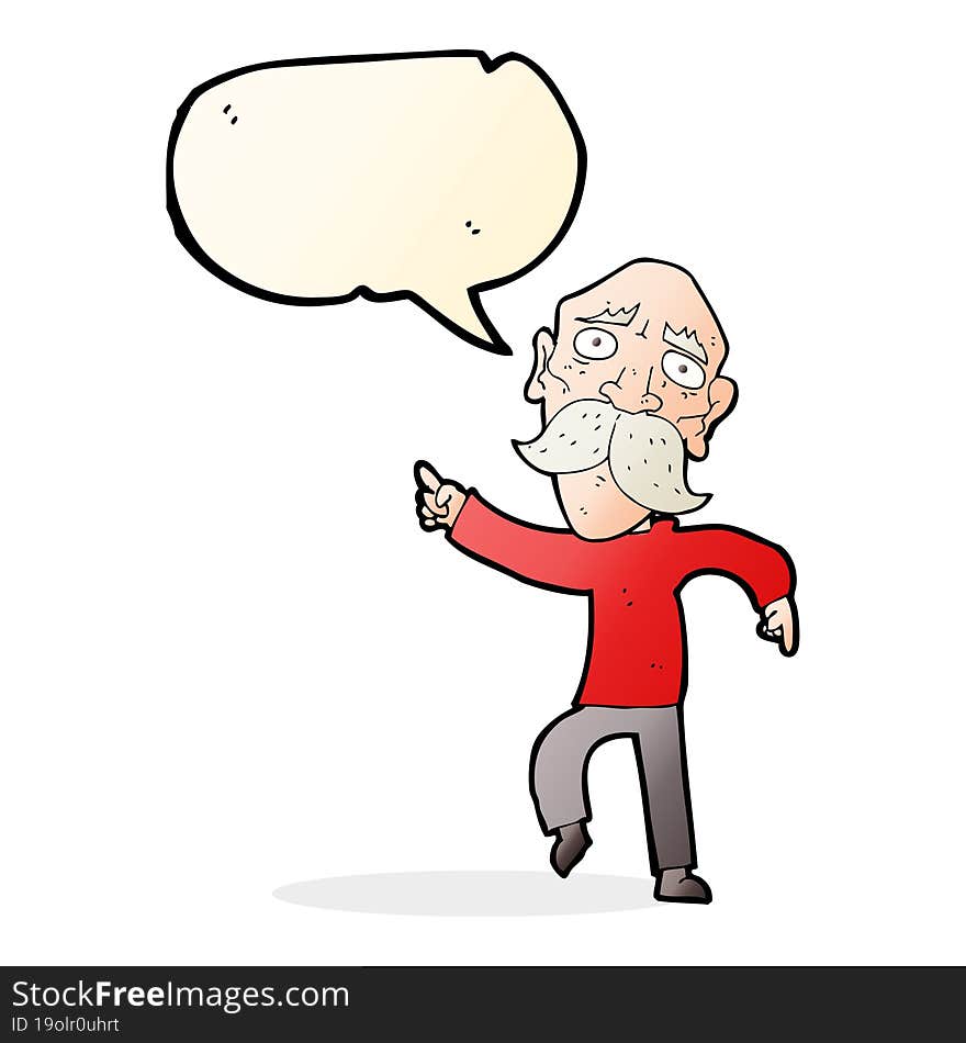 Cartoon Sad Old Man Pointing With Speech Bubble