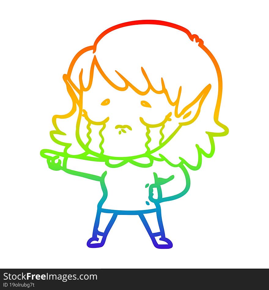 rainbow gradient line drawing cartoon crying elf girl