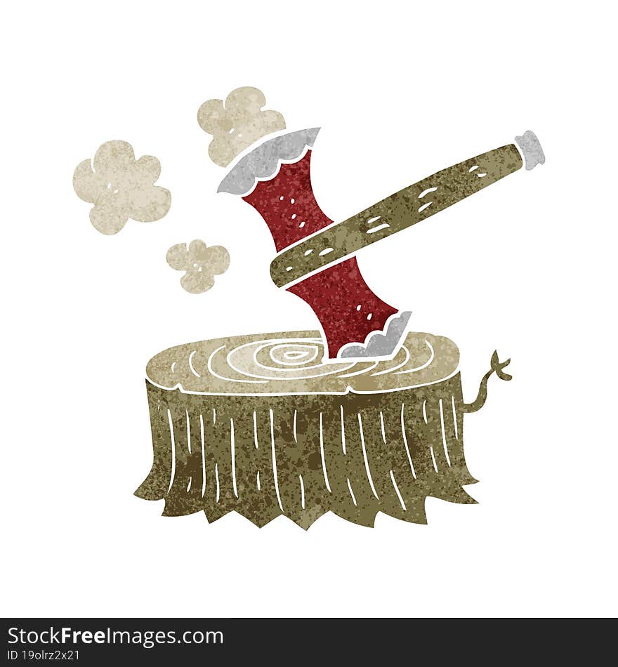 freehand retro cartoon tree stump and axe