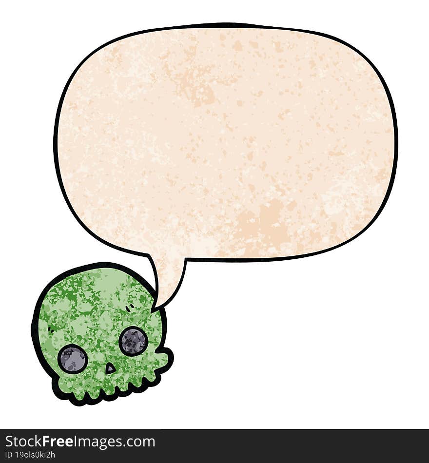 cartoon skull and speech bubble in retro texture style