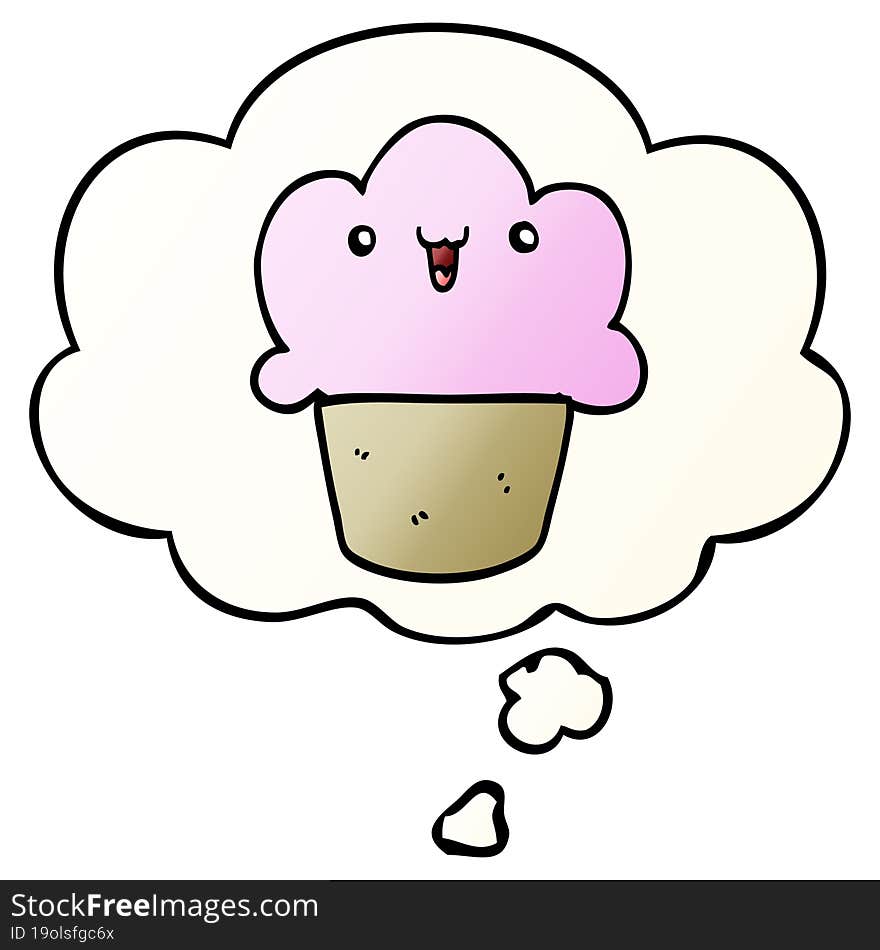 cartoon cupcake with face with thought bubble in smooth gradient style