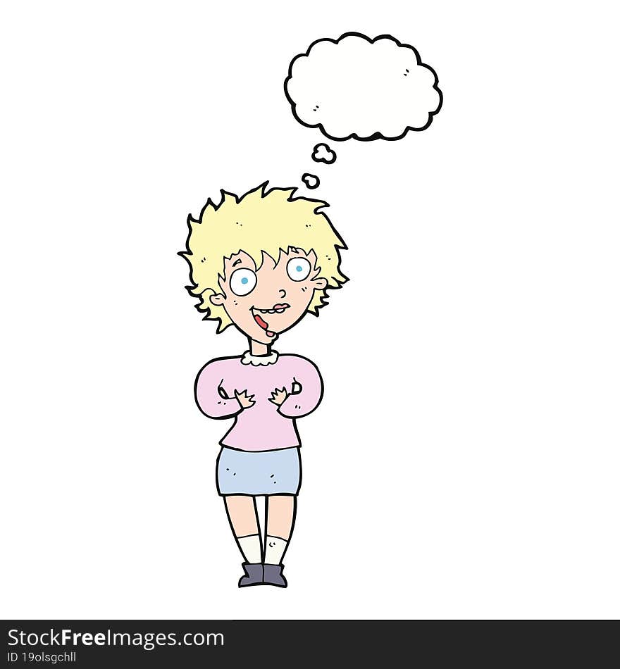 cartoon excited woman with thought bubble