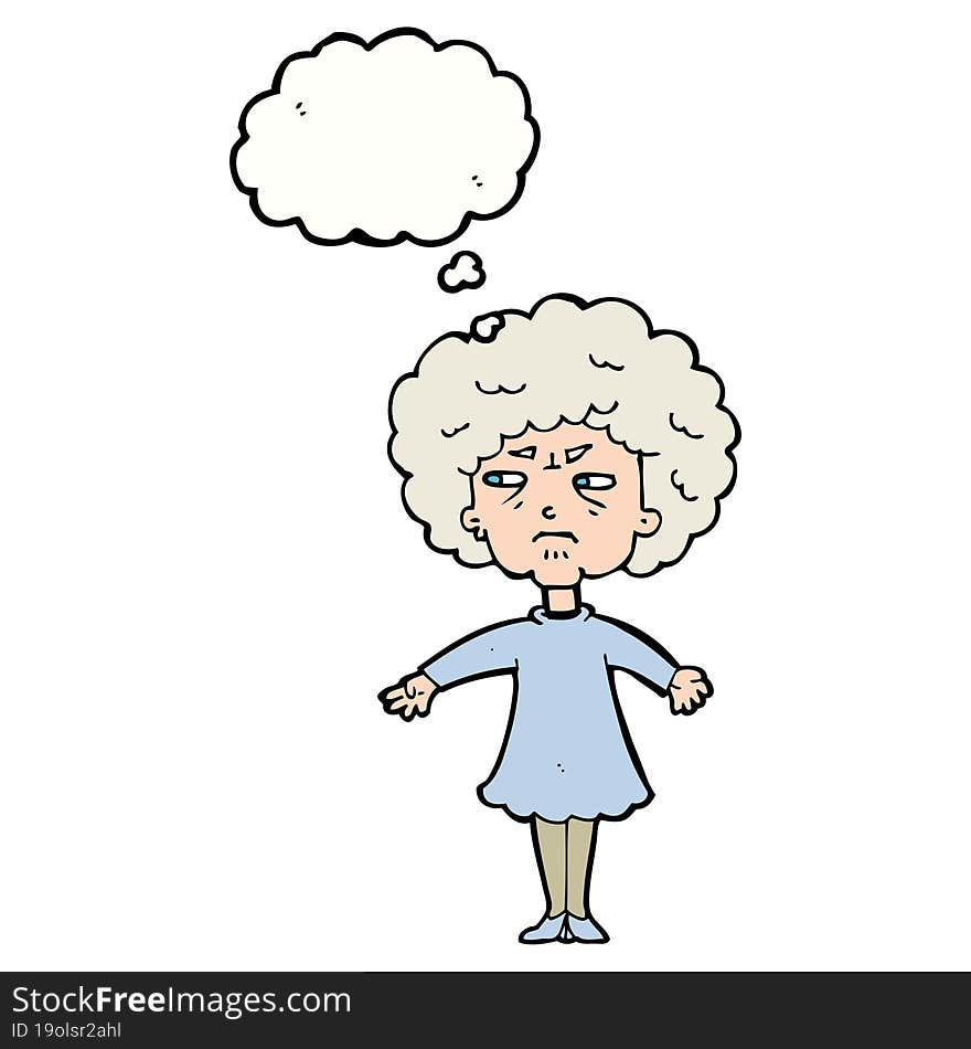 cartoon bitter old woman with thought bubble