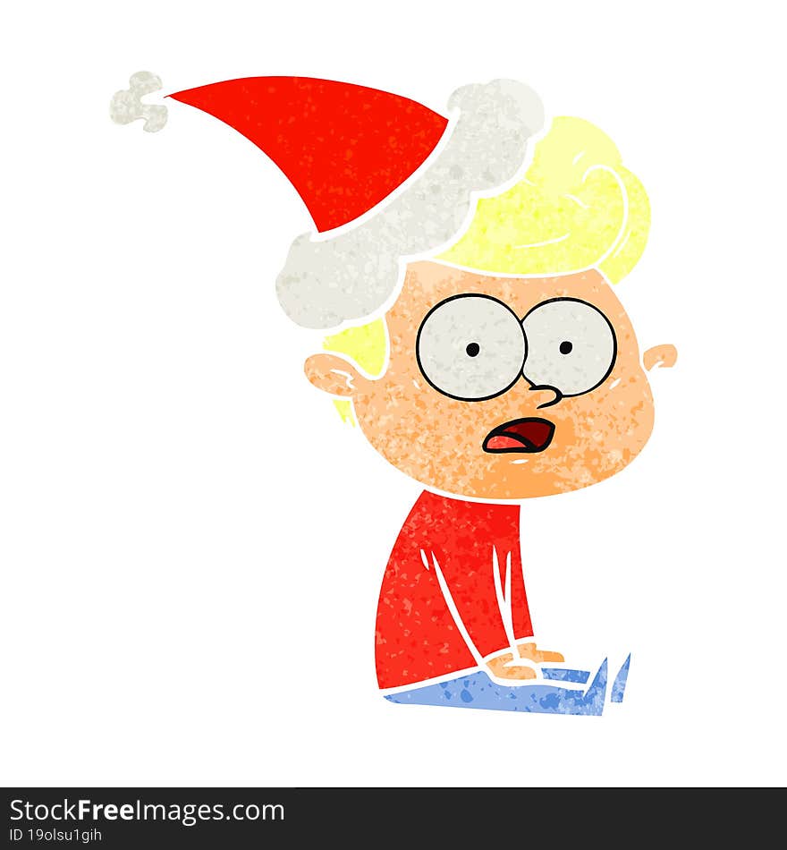 retro cartoon of a staring man wearing santa hat