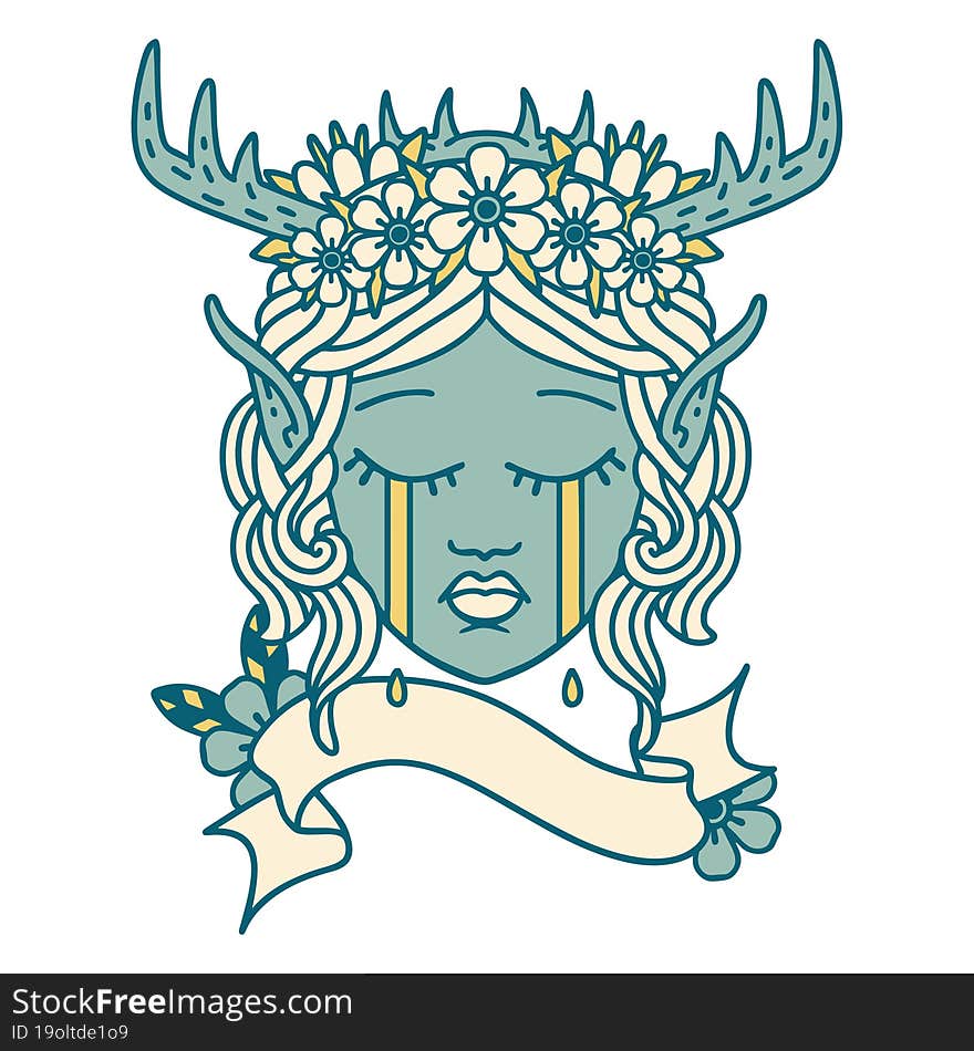 Retro Tattoo Style sad elf druid character face. Retro Tattoo Style sad elf druid character face