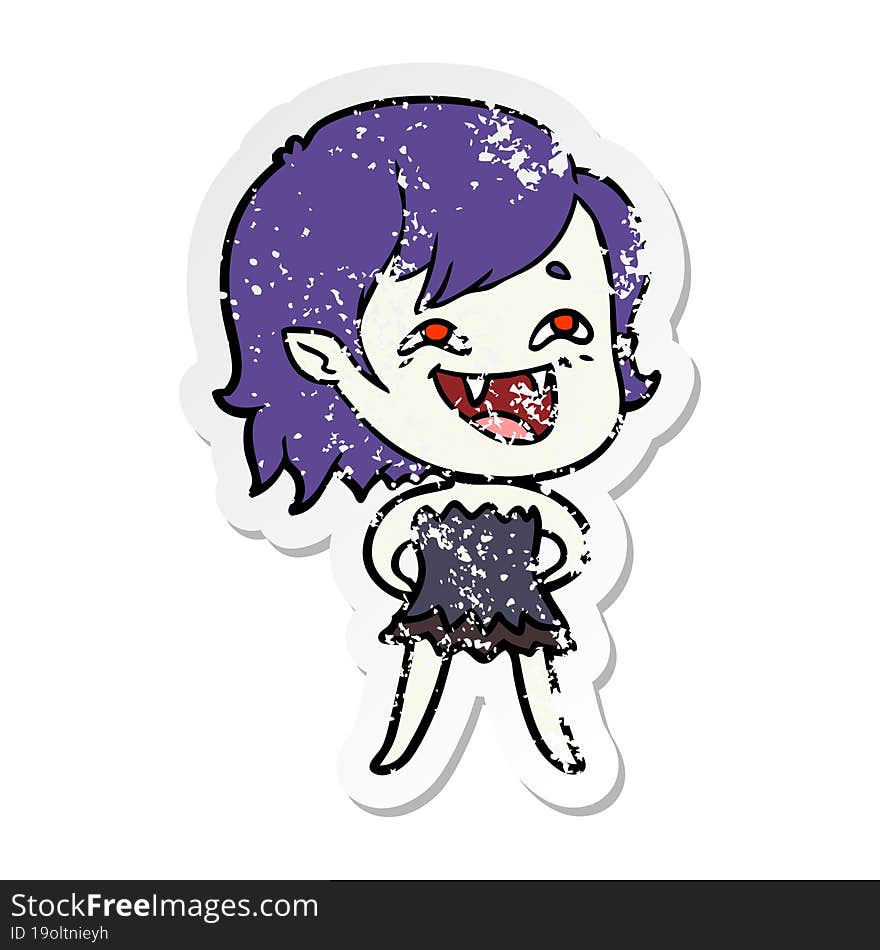 distressed sticker of a cartoon laughing vampire girl