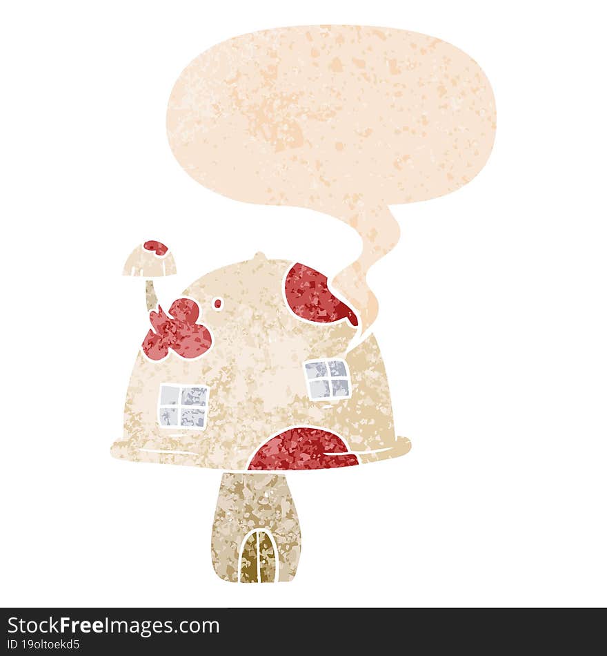 Cartoon Mushroom House And Speech Bubble In Retro Textured Style