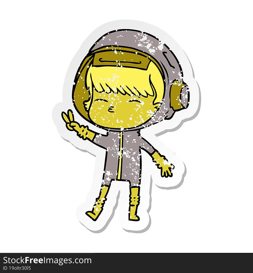 distressed sticker of a cartoon spacegirl making peace sign