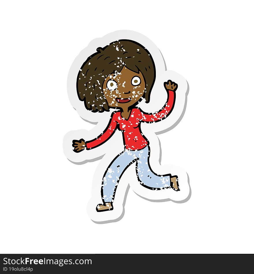 Retro Distressed Sticker Of A Cartoon Happy Waving Girl