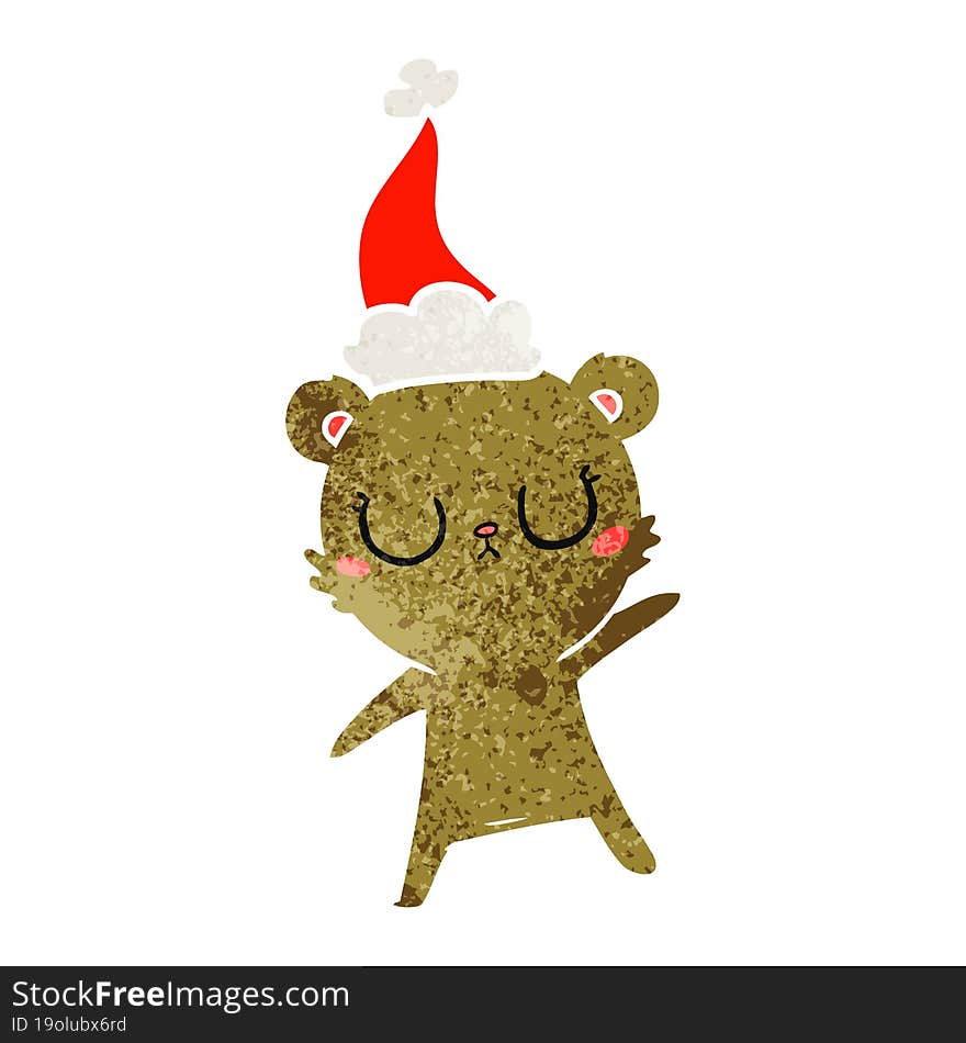 peaceful retro cartoon of a bear wearing santa hat