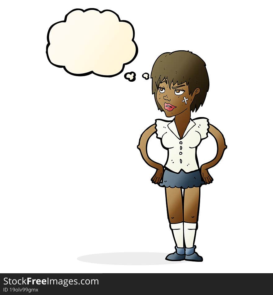 cartoon tough woman with hands on hips with thought bubble