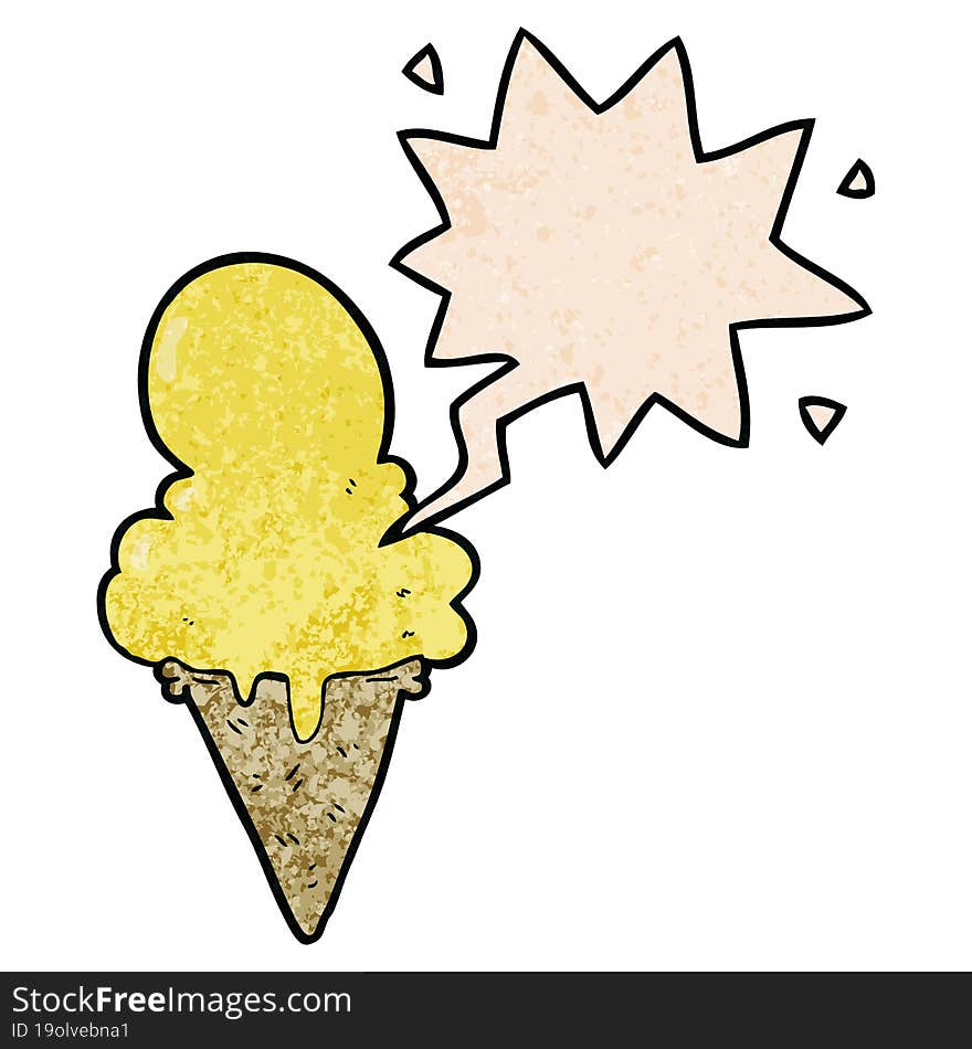 cartoon ice cream and speech bubble in retro texture style