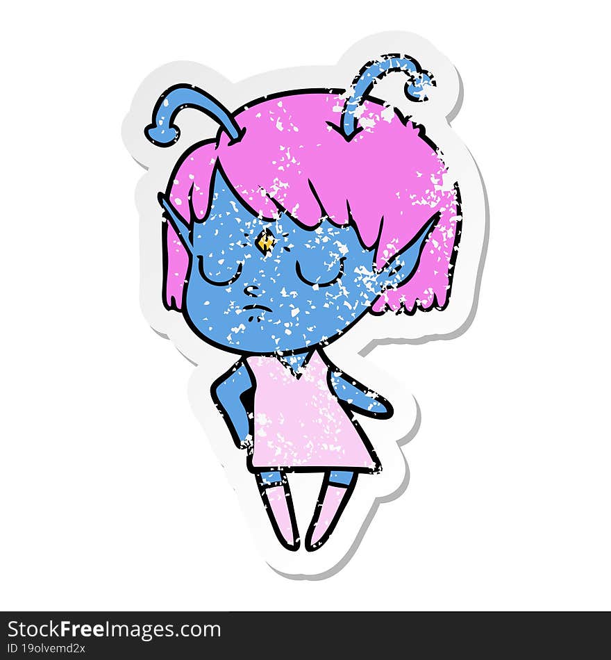 distressed sticker of a cartoon alien girl