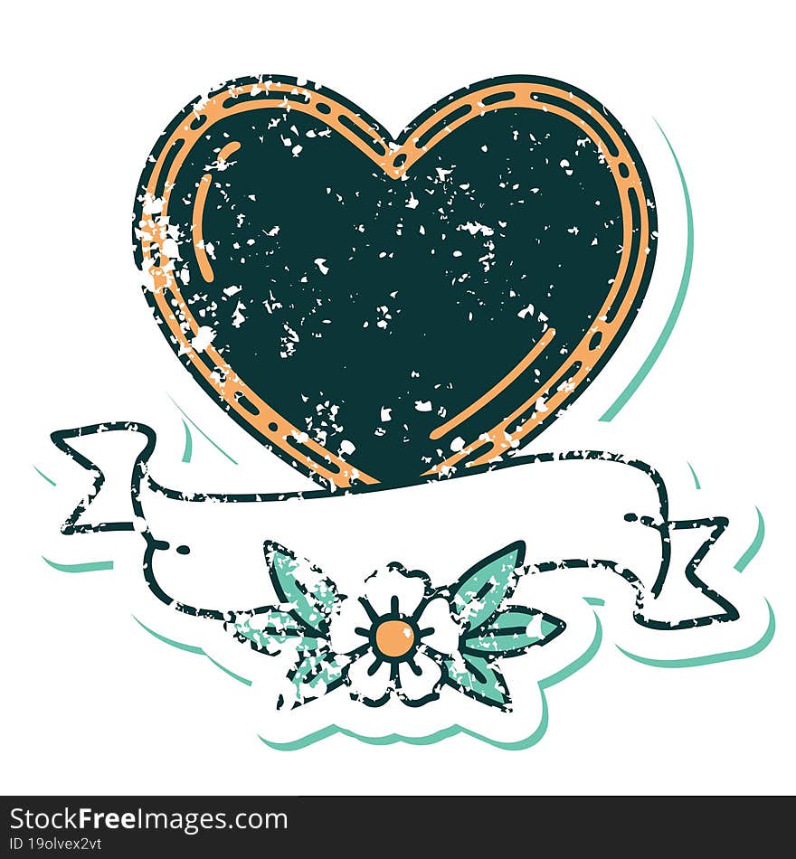 distressed sticker tattoo style icon of a heart and banner