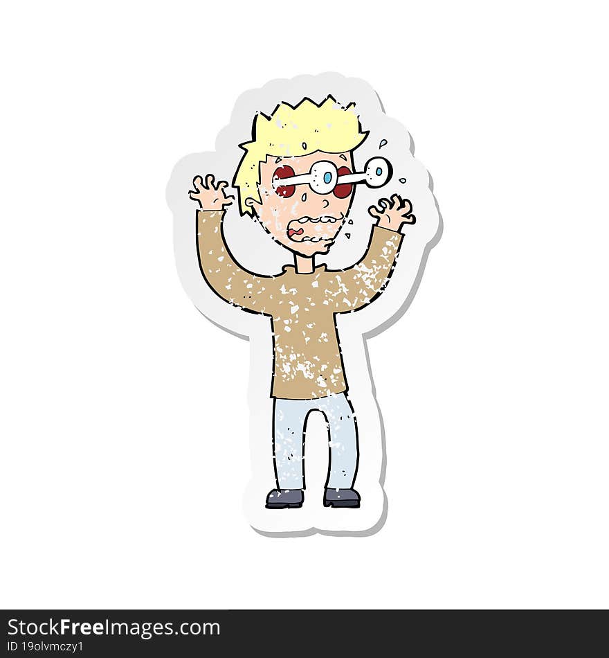 retro distressed sticker of a cartoon terrified man