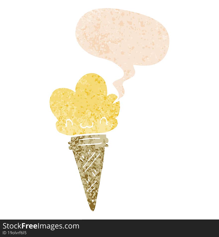 Cartoon Ice Cream With Face And Speech Bubble In Retro Textured Style