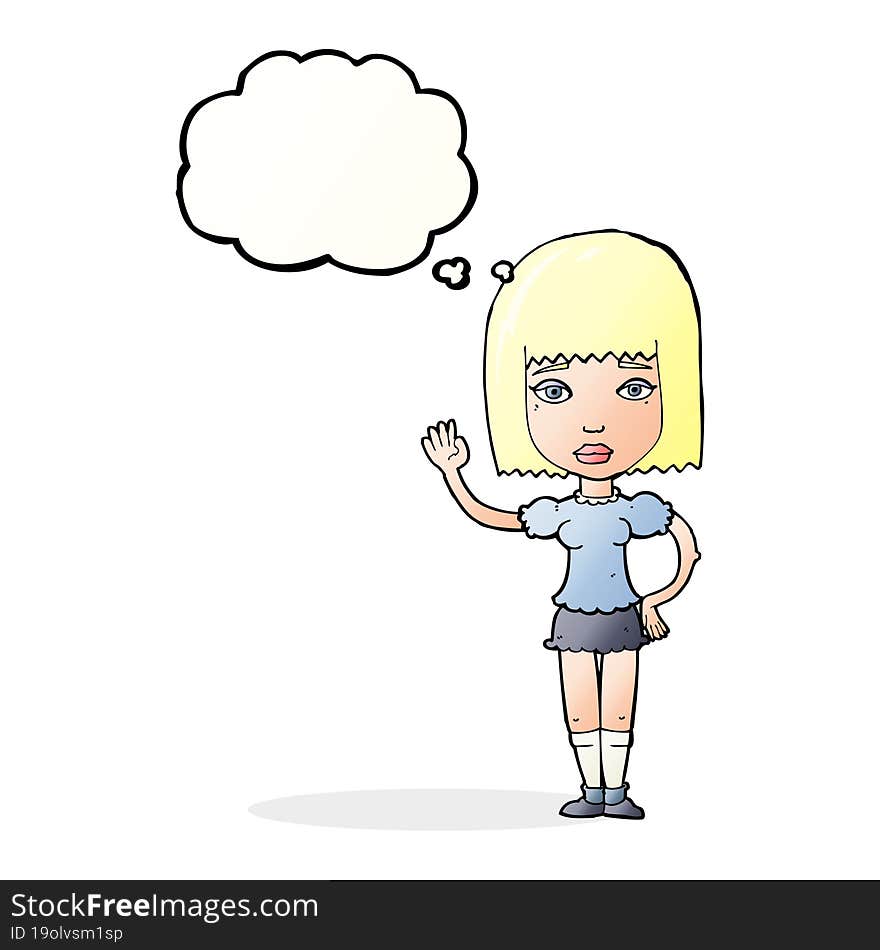 cartoon woman waving with thought bubble