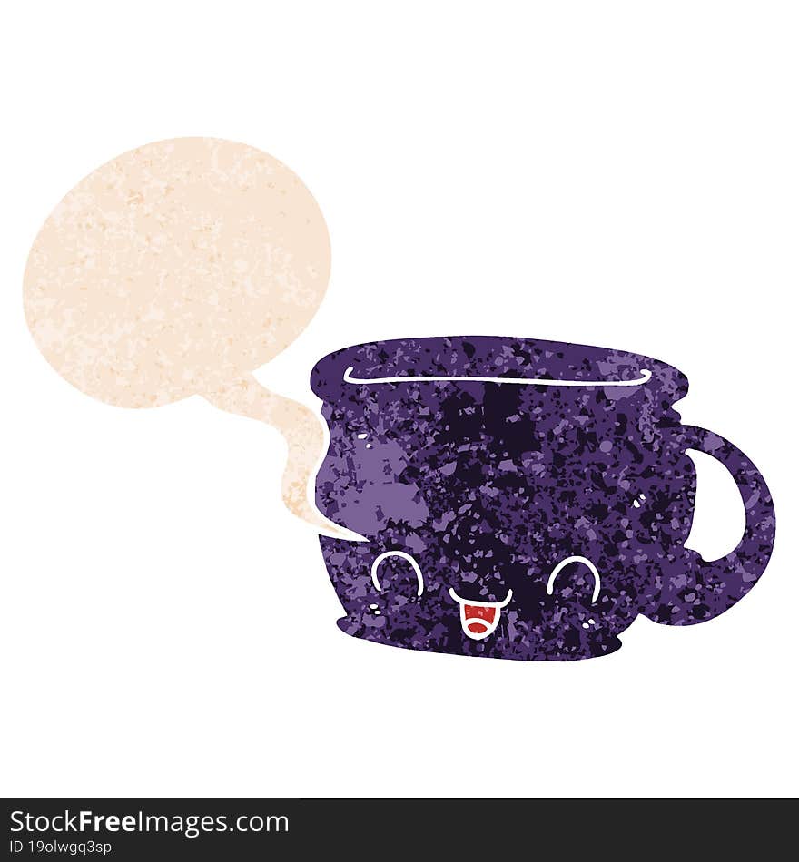 cartoon cup of coffee and speech bubble in retro textured style