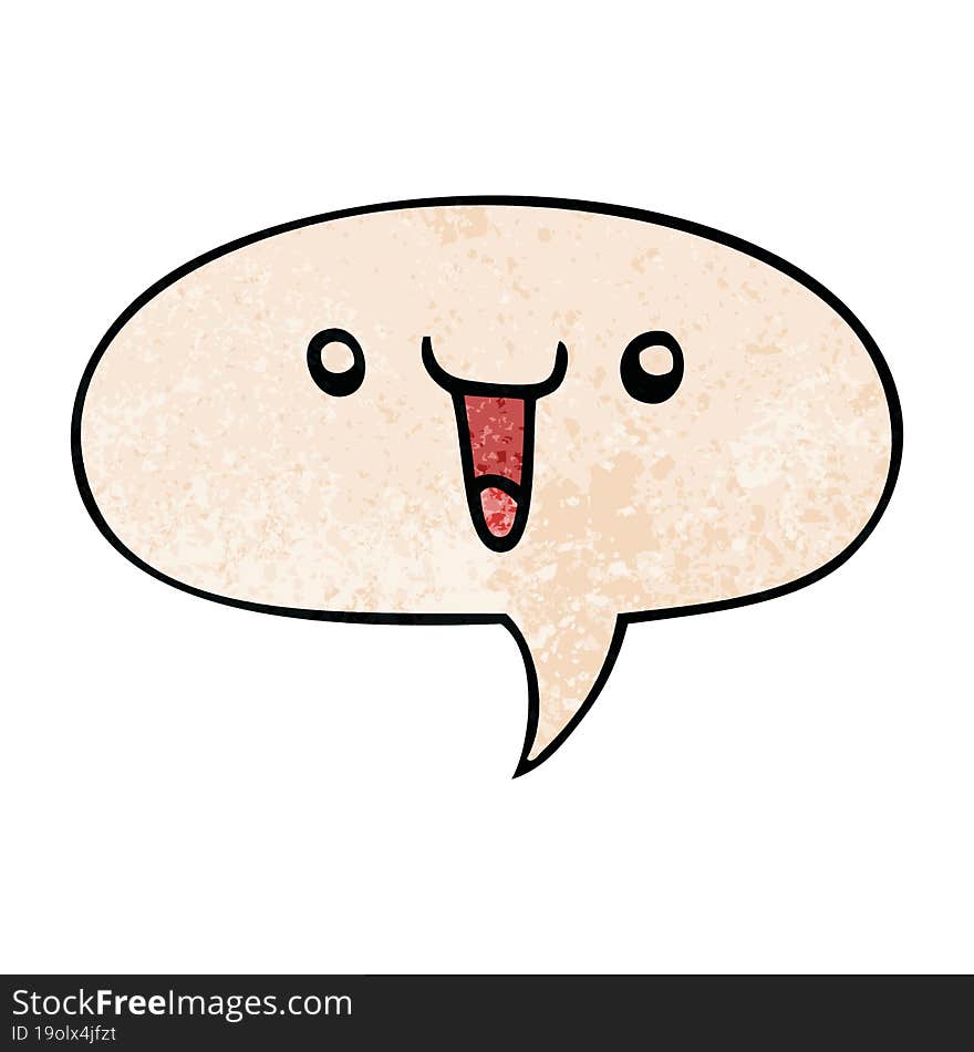 cute happy cartoon face and speech bubble in retro texture style