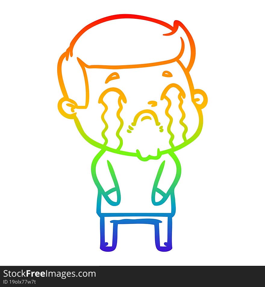 rainbow gradient line drawing of a cartoon man crying