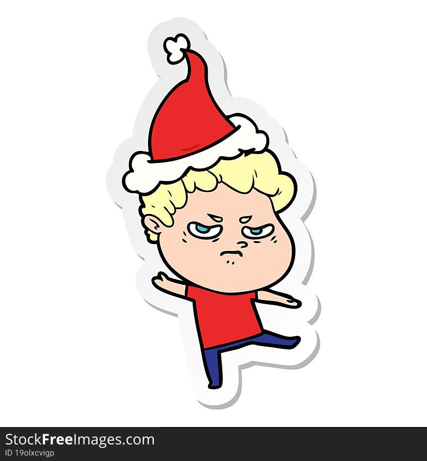 sticker cartoon of a angry man wearing santa hat