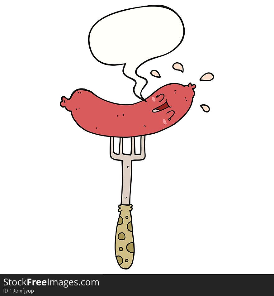 cartoon happy sausage on fork and speech bubble