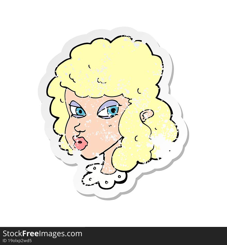 retro distressed sticker of a cartoon suspicious woman