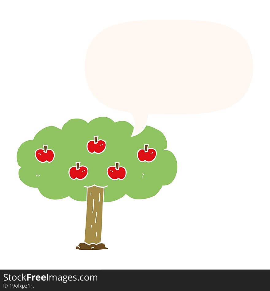 cartoon apple tree and speech bubble in retro style