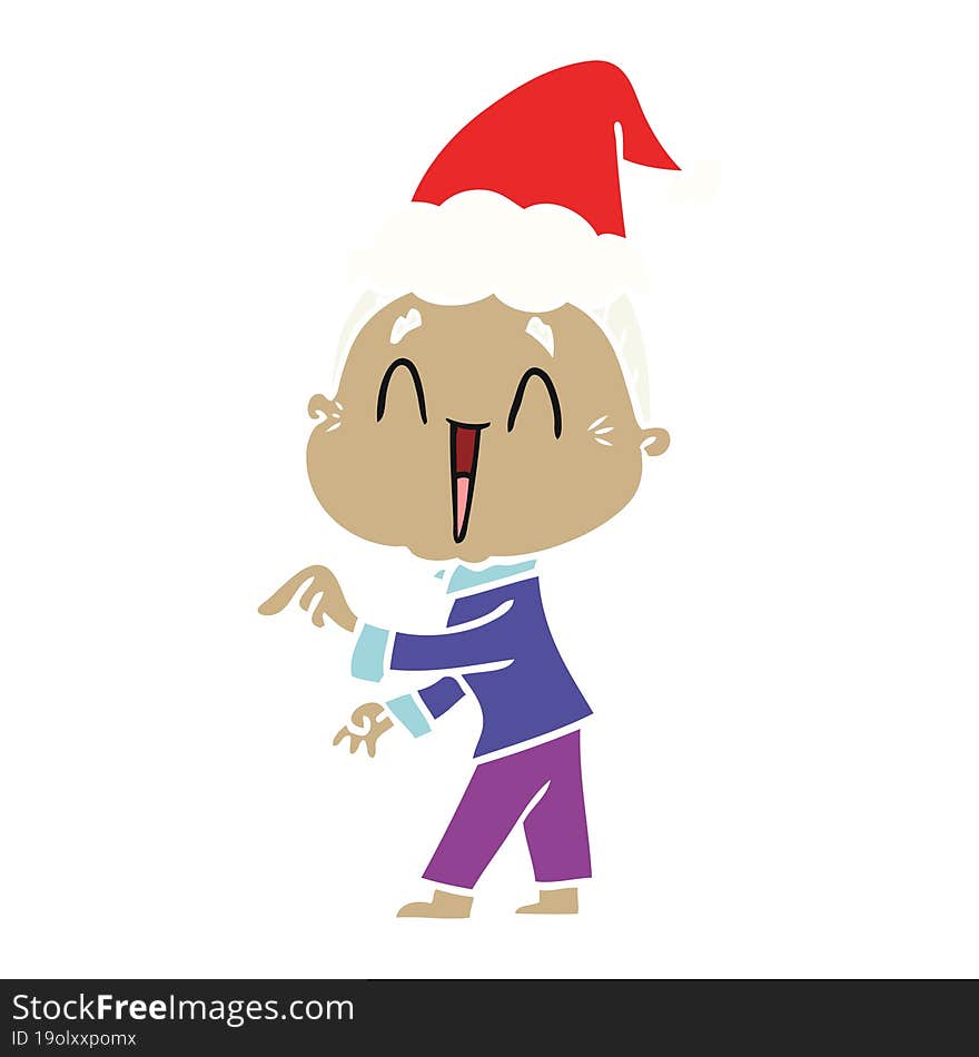 hand drawn flat color illustration of a happy old lady wearing santa hat