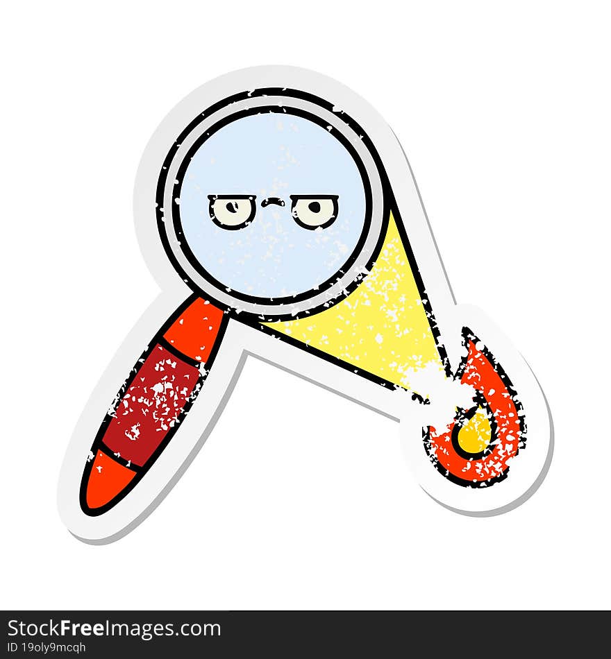 distressed sticker of a cute cartoon magnifying glass